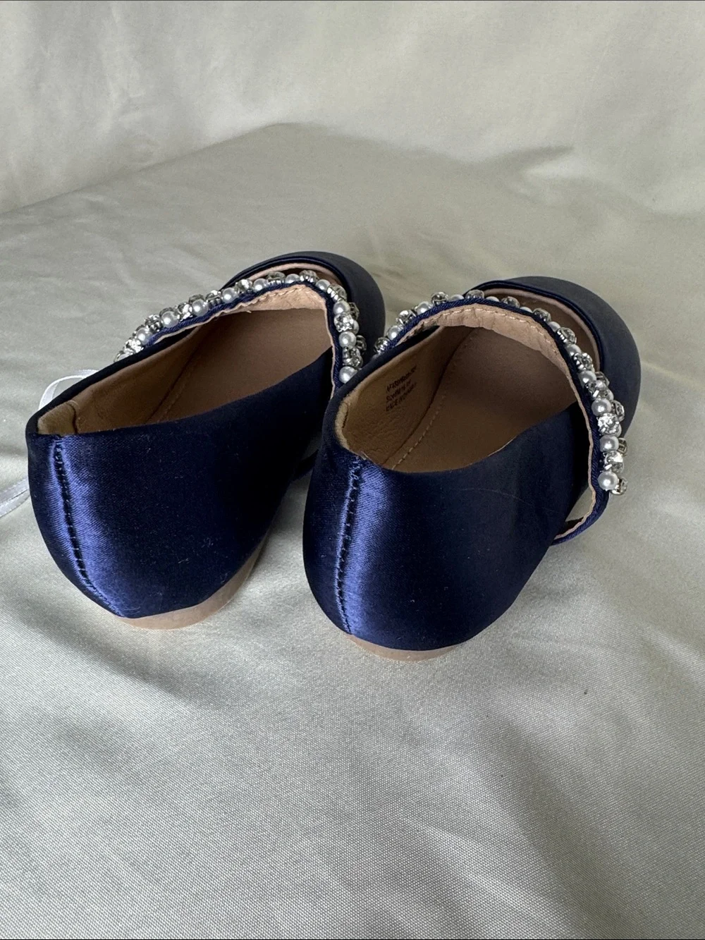 Girls' Navy Satin Mary Jane Dress Shoes with Pearl & Rhinestone Strap